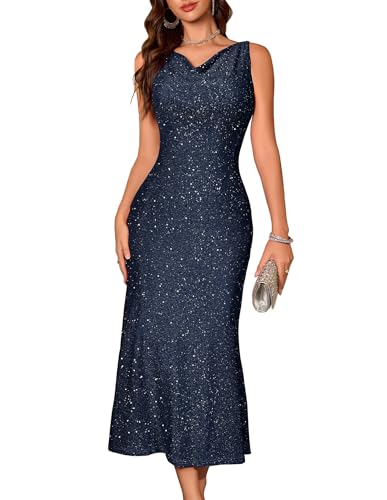 BeryLove Sequin Formal Sparkly Homecoming Gowns Evening Party Cocktail Bodycon Midi Wedding Guest Dresses Long Sparkle Sleeveless Prom Ruched Cowl Neck Dress 0035 Navy L
