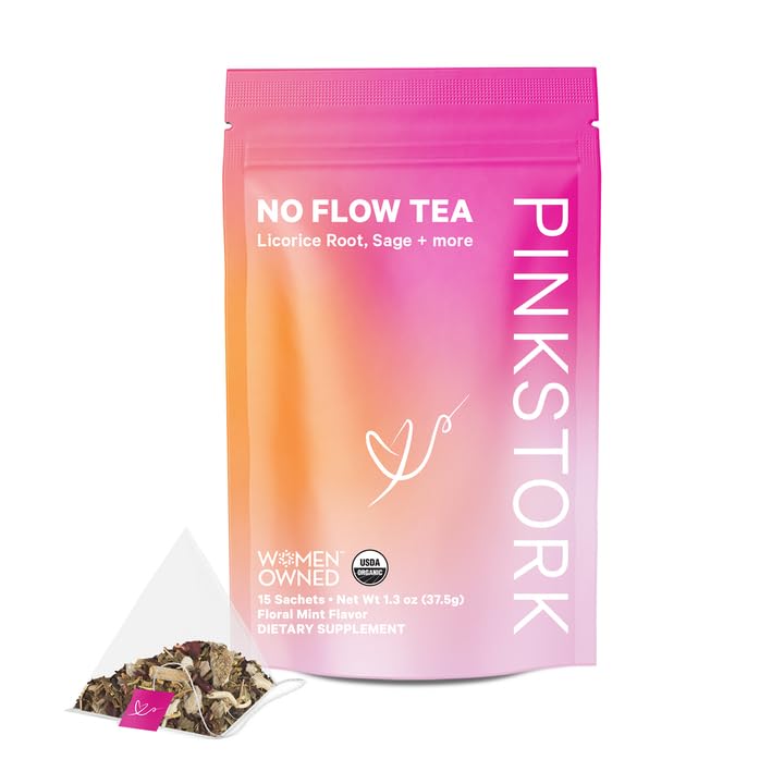 Pink Stork No Flow Tea, Organic Sage Tea to Dry Up Breast Milk Supply and Decrease Milk Production, Stop Breastfeeding, and Wean Lactation Naturally, Postpartum Essentials - Floral Mint, 15 Sachets