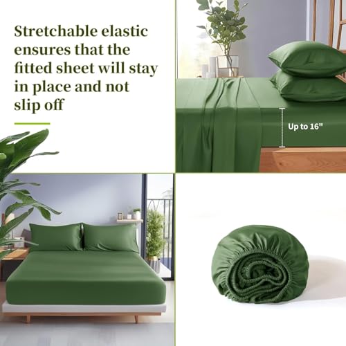 Shilucheng 100% Viscose Derived from Bamboo_ Sheets Full Size 4pcs - Ultra Cooling & Silky Soft Bed Sheets, 16" Deep Pocket, Perfect for Hot Sleepers, Hotel Bedding Sheets (Olive)