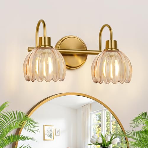 Image of Bathroom Light Fixtures, 2-Light Brushed Gold Vanity Lights for Bathroom with Ribbed Amber Tulip Glass Shade, Vanity Lights Over Mirror for Bedroom, Living Room, Hallway