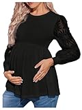 MakeMeChic Women's Maternity Shirts Crew Neck Tops Lace Jacquard Long Sleeve Ruffle Blouse Clothes Black X-Large
