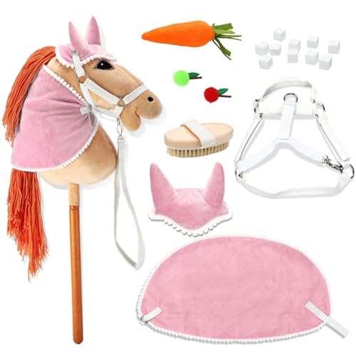 Teyva Daily 9 Pcs Hobby Horse Bridle Kit Include Horses Ear Bonnet Blanket Halter Sugar Cubes Red Green Apples Carrots Brush Saddle Belt Equestrian Enthusiast Gift Hobby Horse Not Include(Pink)
