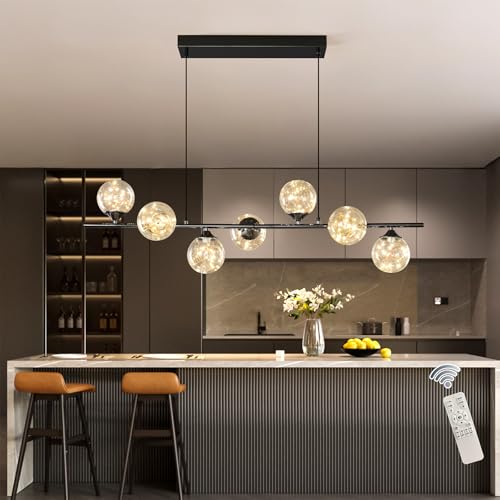 GEADI Lampadario a Sospensione Moderna per Cucina, Lineare Lampadario LED Soffitto Dimmerabile, Lampada a Sospensione per Soggiorno regolabile, 7 Luci Vetro Globo Lungo Sala da Pranzo Nero