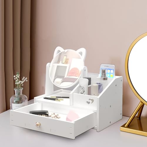 HOMURY Organisateur de coiffeuse avec miroir, organisateur de maquillage et cosmétiques avec tiroir, blanc pour commode, chambre à coucher, salle de bain...