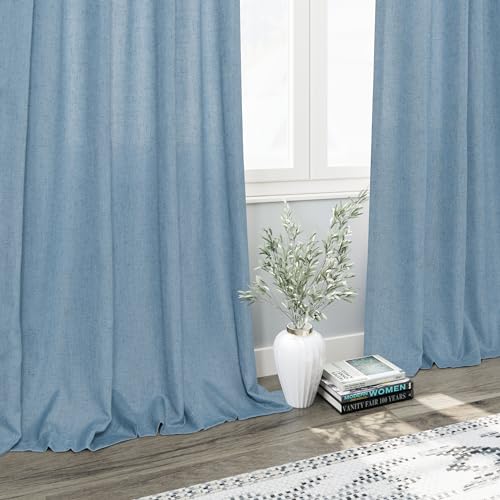 Image of Linen Blue Curtains 120 inch Extra Long for Living Room Back Tab Light Filtering Semi Sheer Drapes Modern Farmhouse Coastal Decor Cotton Textured Curtain for Floor to Ceiling High Window 52x120