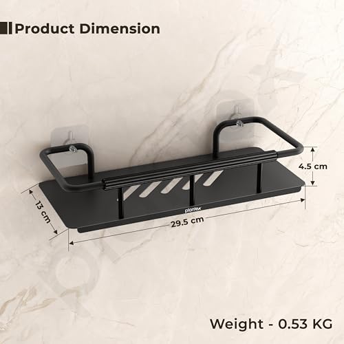 Image of Plantex Self Adhesive Bathroom Shelf /Stainless Steel Bathroom Shelf Rack /Wall Shelf for Bathroom /Bathroom Organiser Without Drill /Bathroom Accessories Set- Pack of 1 (12x5 inches, Black)