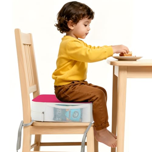 Image of Booster Seat for Kitchen Chair, 3.8 inch Toddler Booster Seats for Dining Table with Ties, PU Dining Booster Seat with Side Pockets, Non-Slip & Removable Booster Seat for Table Increasing Cushion (Pink)