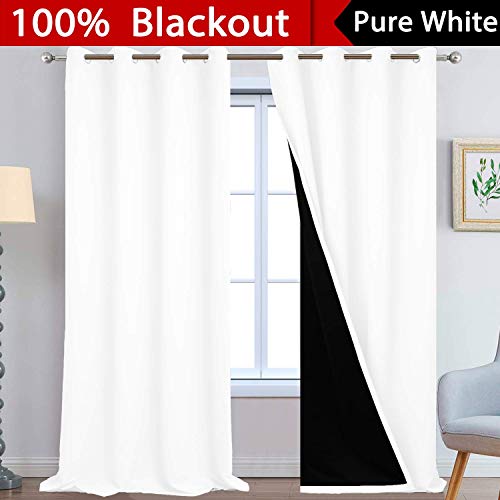 Image of Yakamok Pure White 100% Blackout Curtains 108 Inches Long 52 inch Wide 2 Panel | Blackout Curtain Panels for Bedroom, 2 Thick Layers Grommet Top Thermal Insulated Drapes with Black Liner for Living Room