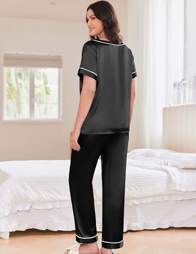 Image of Ekouaer Satin Pajamas for Women Short Sleeve Silk Pajama Sets Soft Sleepwear Top with Causal Long Pj Pant