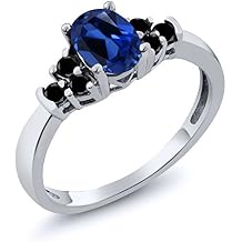 Gem Stone King 925 Sterling Silver Gemstone Birthstone and Black Diamond 3-Stone Engagement Ring for Women | Oval 6X4MM with Round 2MM Accents | Three Stone Wedding Anniversary Promise Ring | Sizes