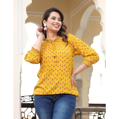 Image of Himanshi Enterprises Women's Traditional Casual 3 /4 Sleeves Mandarin Nack Rayon Floral Printed Short Kurti