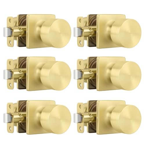 Goldenwarm Brushed Gold Closet Door Knobs, Passage Door Knob Hallway, Gold Door Knobs Interior No Lock 6 Pack