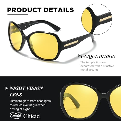 Chicid Night Vision Driving Glasses for Women, Oversized Polarized HD Yellow Anti Glare Lens with UV400 Protection4