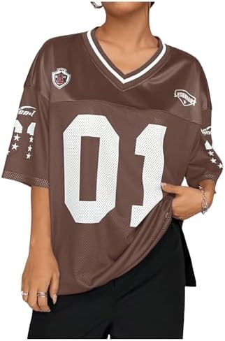 WDIRARA Women's Plus Size Football Jersey Shirts Oversized T Shirt Graphic Letter Print V Neck Short Sleeve Streetwear Top