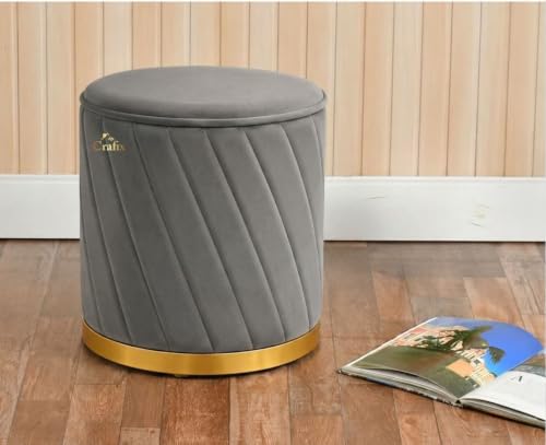 Image of Luxury Velvet Ottoman Stool for Living Room & Bedroom | Premium Round Pouffe with Gold Metal Base | Modern Footrest, Extra Seating & Home Decor (Grey)