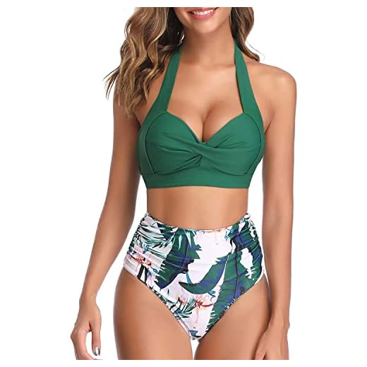 Tempt Me Women's Vintage Swimsuits Green Retro Halter Ruched High Waist Bikini with Bottom L