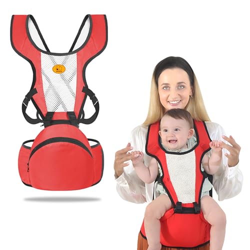 Image of Bembika Baby Carrier Newborn to Toddler with Hip Seat Multiple Positions Infant Carrier Soft Baby Holder Kangaroo Bag Sling Carrier for All Seasons - Red