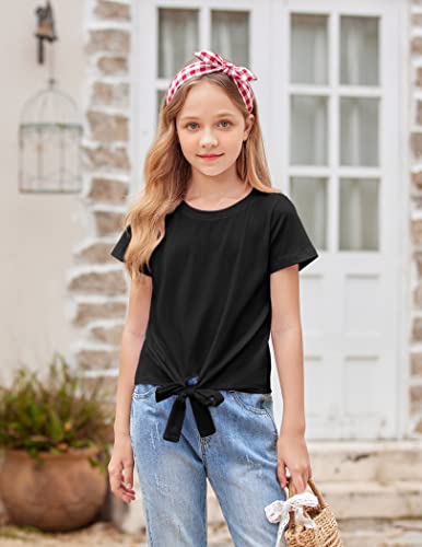Image of Arshiner Girls Short Sleeve Shirts Tie Knot Front Tops T Shirts for Kids Crewneck Cute Casual Tie Dye Tee Blouse