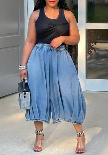 Famnbro Women's Baggy Capri Jeans High Waisted Stretch Cropped Harem Jeans Trendy Wide Leg Capri Pants2