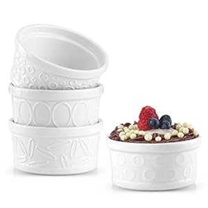 JoyJolt Small Ramekins 4 oz Oven Safe Bowls. White Embossed Porcelain Ceramic Ramekin Set of 4. Creme Brulee Ramekins, Souffle Cups, Custard Cups, Charcuterie Bowls, Sauce Cups, Gratin Ramiken