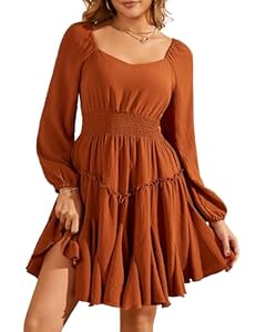 Beluring Kleid Damen Quadratischer Ausschnitt Minikleid High Waist Falten Swing Langarmkleid mit Rüschen Orange S