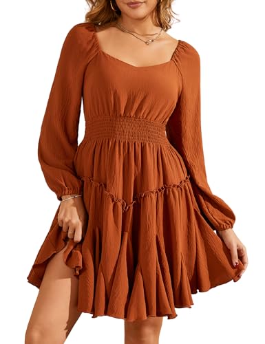 Beluring Kleid Damen Quadratischer Ausschnitt Minikleid High Waist Falten Swing Langarmkleid mit Rüschen Orange L