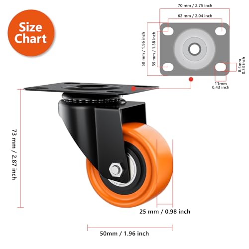 Image of 2 Inch Caster Wheels, Casters Set of 8 Heavy Duty, Orange Polyurethane (PU) Casters, Industrial Swivel Top Plate Castor Wheels for Workbench /Furniture /Cart (Pack of 8)