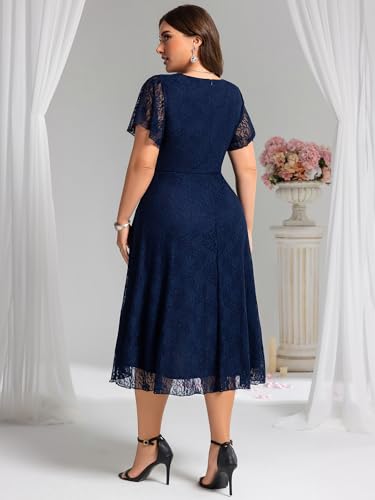 Image of Ever-Pretty Plus Women's Summer V Neck Short Ruffles Sleeves Lace Midi Plus Size Cocktail Party Formal Dresses Navy Blue US20