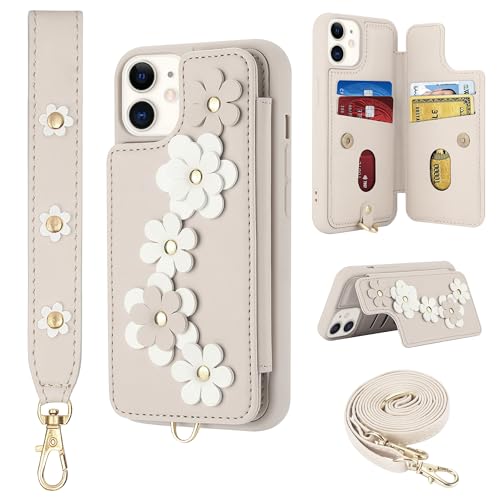 Srddty Compatible with iPhone 12/12 Pro Wallet Case with Card Holder for Women Kickstand Crossbody Lanyard Wrist Strap Flower Leather Flip Cover Designed for iPhone 12/12 Pro 6.1 Beige