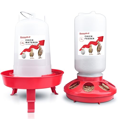 Abreuvoir et Mangeoire pour Poussins Kit, Mangeoire Poules 1 L et Abreuvoir Poules 1.5 L avec 3 Pieds, Hauteur Reglable pour Canards Poussins