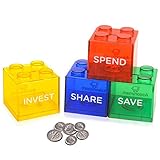 Colorful Stacking Block Coin Bank For Kids - Helps Kids Save, Share, Give and Invest - Transparent Plastic Bank Shows Cash Inside - Teaches Good Money Habits - Perfect As Kids Birthday Presents