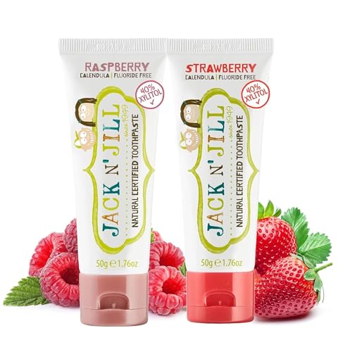 Jack N’ Jill Natural Certified Kids Toothpaste – Fluoride-Free Toddler & Baby Toothpaste with 40% Xylitol, No Sugar, Suitable from 6 Months+, Raspberry & Strawberry Flavour, Pack of 2 (50g Each)