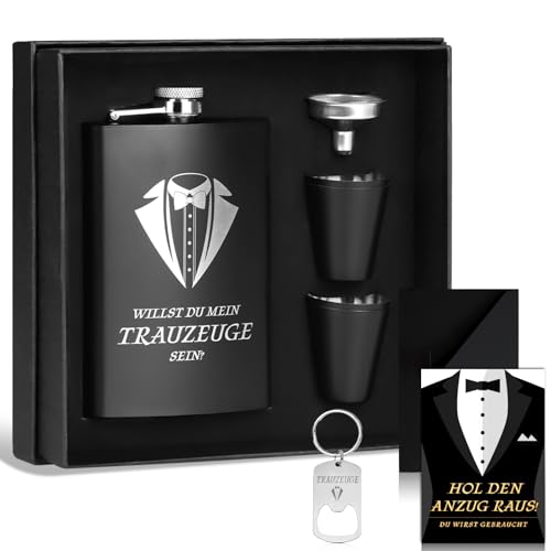 Trauzeugen Flachmann Willst Du Mein Trauzeuge Sein mit Karte 8oz Flachmann Mit Gravur Schwarz 4 Becher Trichter In Schwarzer Geschenkbox Geschenk Edelstahl Schnapsgläser Mann Für Hochzeit (Schwarz)