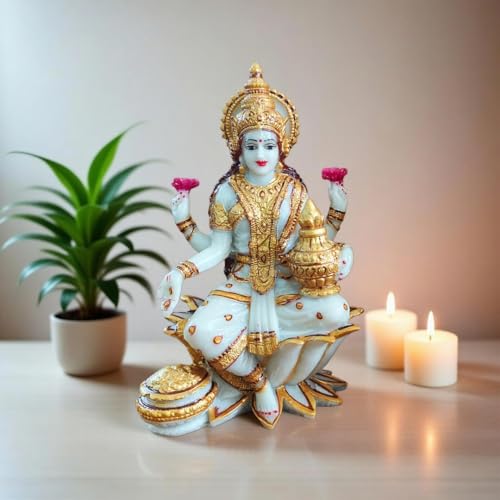 Image of YASHONIDHI Lakshmi Devi Marble Dust Idol, 7 Inches, White and Gold, Goddess Laxmi MATA Murti, for Pooja Room, for Home Decor, Office Decoration, for Good Luck and Wealth, Gift for All Occasions