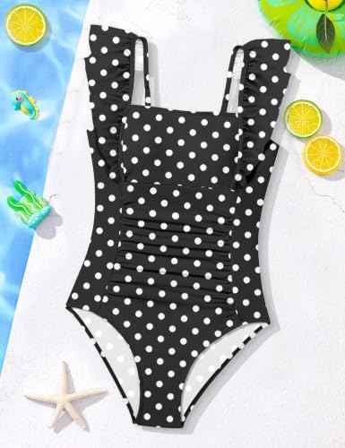 Image of NECIOUS Girls Swimsuit Ruffle Adjustable Straps One Piece Bathing Suit Solid Color Ruched Girls' Swimwear 9-16Y
