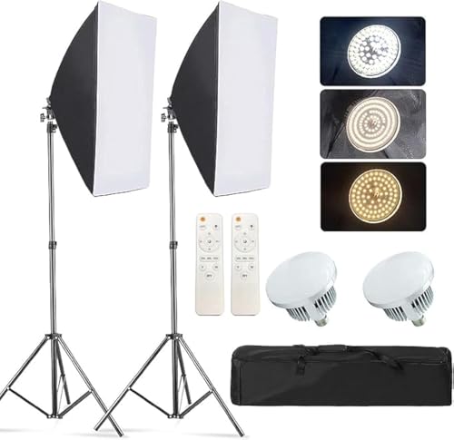 Padom Softbox Lighting Kit Dimmable Continuous Lighting Soft Box Set with 3 Color Temperature 150W Light Bulbs Professional Photography Studio Equipment for Video Recording Podcast Interview