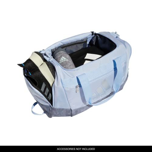 Image of adidas Unisex Defender 4 Small Duffel Bag, Blue Dawn /Stone Wash Grey /Silver Metallic, One Size