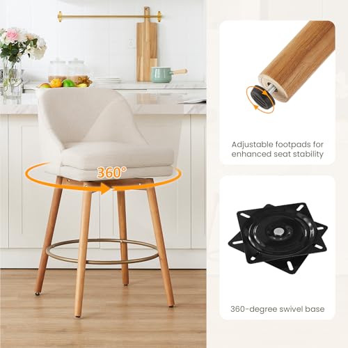 Image of kinmars Modern Bar Stools Set of 2,Swivel Counter Height Bar Stools with Soft Upholstered Back,Thick Seat,Wooden Legs, 27 inch Counter Stools for Kitchen Island (Sand, 2 Pieces - 27 inch Counter Height)