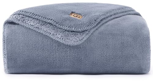 UGG Plush Twin Blanket, Soft Cozy Fleece Blanket for Bed, Luxury Fluffy Oversized Throw for Couch, Washable Hypoallergenic Dorm Essentials, 66" x 90", Denim Blue (Whitecap)