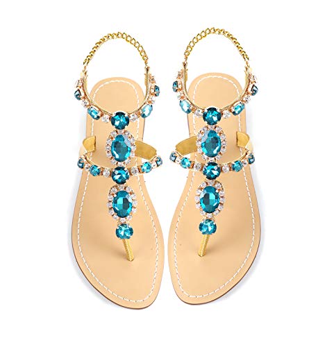Image of ZhuLinFeng Women'S Rhinestone Gladiator Sandals Flat Wedding Sandals Gem Pearl Sparkling Bridal Bridesmaid Sandals Blue Bohemian Sandals