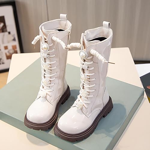 Girls Knee Length Boots Side Zipper Combat Riding Boots Lace-Up Chunky Low Heel Tall Winter Boots Dress Kids Shoes4