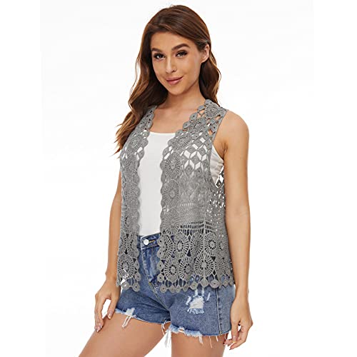 Image of Womens Floral Crochet Lace Boho Trim Sleeveless Open Front Vest Cardigan