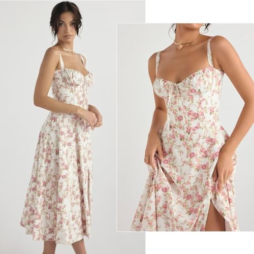 Image of Floral Corset Midi Dress Square Neck A Line Dress with Slit | Square neck floral midi dress with front tie bust wide straps A-line skirt side slit and lightweight fabric