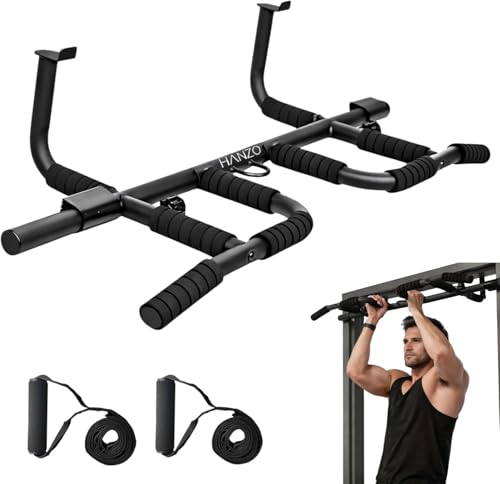 HANZO Doorway Pull Up Bar Set with Suspension Straps Multi-Grip Chin Up Bar for Home Gym No Screws Strength Training Workout Bar Door Gym Pullup Bar