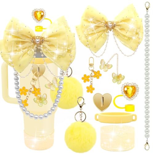 LBU Bling Stanley Cup Accessories for 40/30/20 oz Tumbler with Handle Including Glitter Bow Straw Topper, Heart Straw Cover, Pearl Water Bottle Handle Strap, Boot, Pom-Pom, Keychain Charms(Yellow)