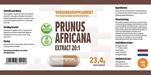 Pygeum Africanum 20000mg Equivalent (100mg of 20:1 Extract) 90 Vegan Capsules, 13% phytosterols, Certificate of Analysis by AGROLAB Germany, High Strength, Gluten and GMO Free