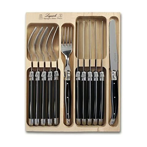 Laguiole Black Handle 12 Piece Knife & Fork Cutlery Set with Wooden Tray Cover
