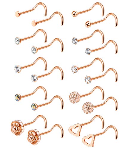 FIBO STEEL 20G 12 Pcs Stainless Steel Nose Screw Stud Nose Rings for Men Women Body Piercing Jewelry CZ Inlaid Rose Gold-Tone
