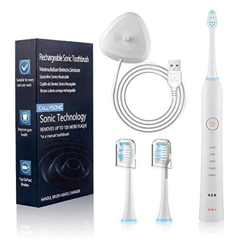 Sonic Elektrische Zahnbürste für Erwachsene, CallySonic H49 Schall Zahnbürste Elektrisch mit 2 Ersatzbürsten, 5 Putzmodi, 2 Minuten Timer, Aufladen 4 Stunden Hält 45 Tage, Weiß Cover