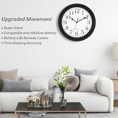 Image of Foxtop 14 Inch Wall Clock Battery Operated Silent Non-Ticking Round Classic Vintage Retro Wall Clock Decorative for Living Room Kitchen Home Office (Black)